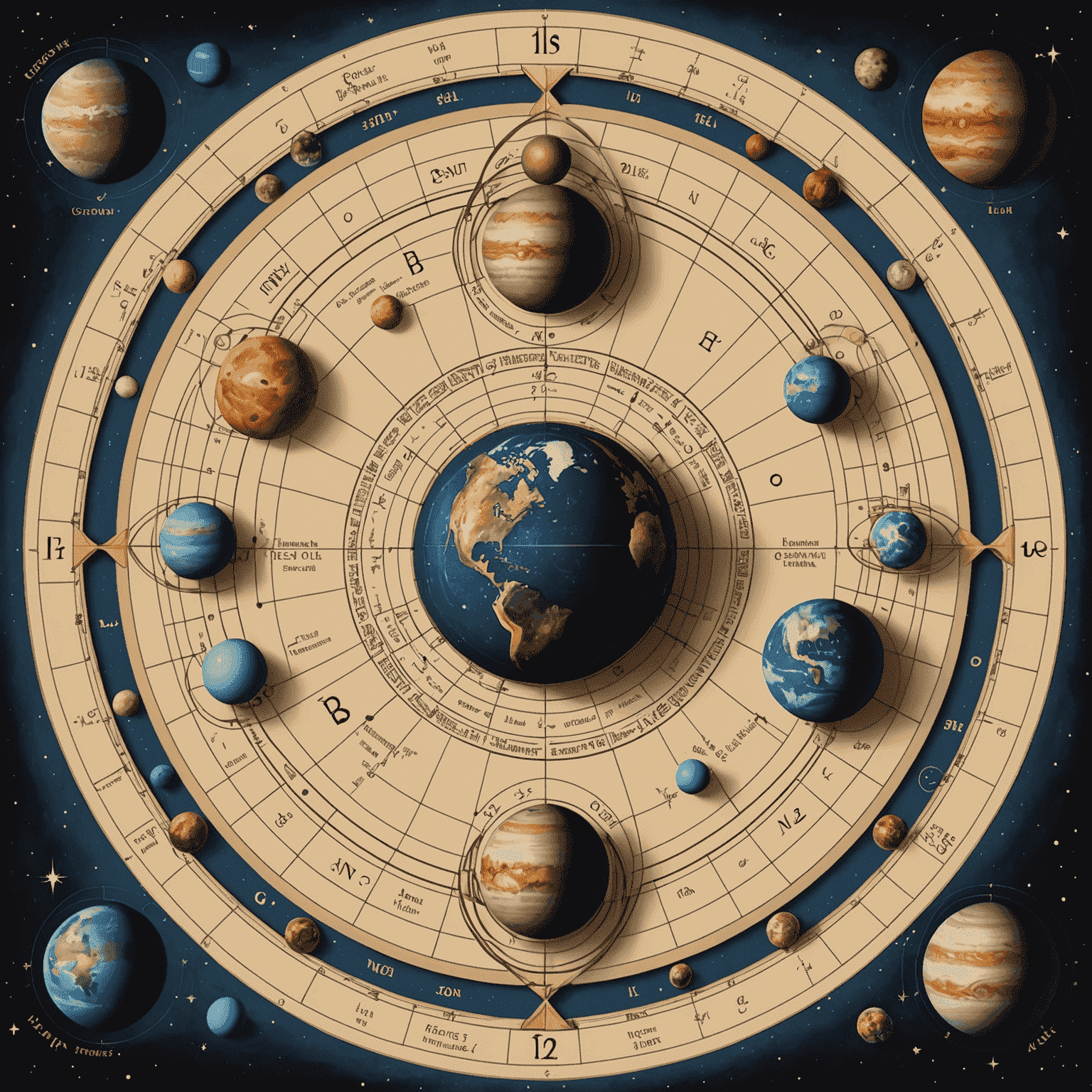 Wizualizacja karty urodzeniowej z planetami, domami i aspektami